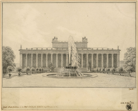 Karl Friedrich Schinkel: Brunnenentwurf für den Lustgarten © Kupferstichkabinett der Staatlichen Museen zu Berlin – Preußischer Kulturbesitz Karl Friedrich Schinkel: Brunnenentwurf für den Lustgarten. Ansicht mit hoher Fontäne (1826)