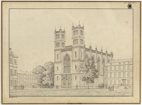 Karl Friedrich Schinkel: Friedrichswerdersche Kirche © Kupferstichkabinett der Staatlichen Museen zu Berlin – Preußischer Kulturbesitz Karl Friedrich Schinkel: Friedrichswerdersche Kirche. Ausgeführter Entwurf. Perspektivische Ansicht (1828)