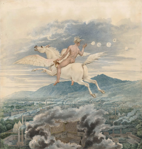 Karl Friedrich Schinkel: Weibliche Figur (Seifenbläserin) als Allegorie auf Christian Peter Wilhelm Beuth, den Pegasus über einer Industriestadt reitend (1837) © Kupferstichkabinett der Staatlichen Museen zu Berlin – Preußischer Kulturbesitz / Dietm Karl Friedrich Schinkel: Weibliche Figur (Seifenbläserin) als Allegorie auf Christian Peter Wilhelm Beuth, den Pegasus über einer Industriestadt reitend (1837)