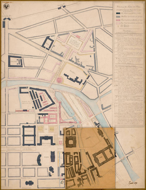Karl Friedrich Schinkel: Situationsplan der Innenstadt © Kupferstichkabinett der Staatlichen Museen zu Berlin – Preußischer Kulturbesitz Karl Friedrich Schinkel: Situationsplan der Innenstadt mit Werderschem Markt, Mühlen und altem Packhof (1817)