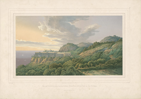 Karl Friedrich Schinkel: Schloss Oriander auf der Krim © Kupferstichkabinett der Staatlichen Museen zu Berlin – Preußischer Kulturbesitz Karl Friedrich Schinkel: Werke der höheren Baukunst, Schloss Oriander auf der Krim. Antikischer Entwurf (1848)