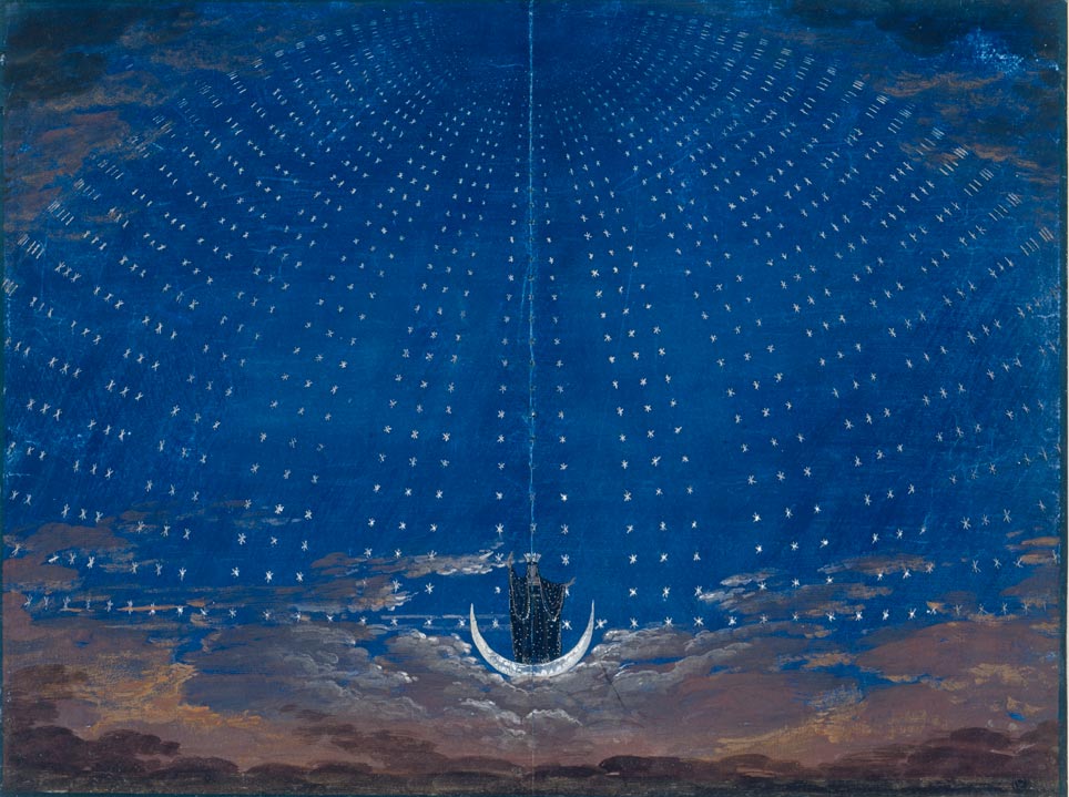 Karl Friedrich Schinkel: Die Zauberflöte © Kupferstichkabinett der Staatlichen Museen zu Berlin – Preußischer Kulturbesitz / Jörg P. Anders Karl Friedrich Schinkel: Die Zauberflöte. Oper von Wolfgang Amadeus Mozart. Entwurf zur Dekoration. Die Sternenhalle der Königin der Nacht (1815)