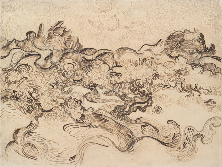 „Olivenbäume vor dem Alpillengebirge“ von Vincent van Gogh Zeichnung „Olivenbäume vor dem Alpillengebirge“ von Vincent van Gogh
