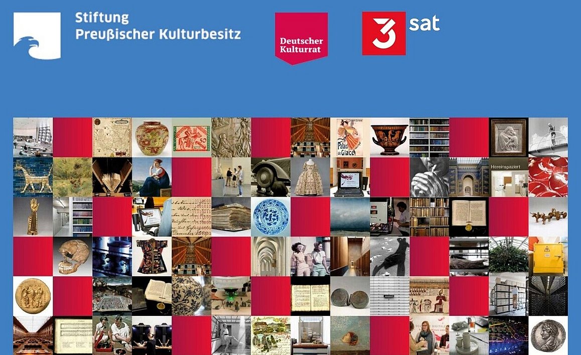 Veranstaltung „Sind wir im Kulturbereich eigentlich noch digital souverän?“ Veranstaltungsgrafik mit den Logos der Stiftung Preußischer Kulturbesitz, des Deutschen Kulturrates und 3sat sowie einer Collage aus Objekten, Kunstwerken und Kulturgütern aus Sammlungen.