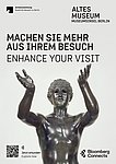 Bloomberg Connects im Alten Museum – Betender Knabe Bloomberg-Connects-Motiv des Alten Museums mit der Bronzestatue des Betenden Knaben und dem Schriftzug „Machen Sie mehr aus Ihrem Besuch“.