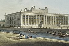 Kolorierter Stich des Alten Museums auf der Museumsinsel Berlin