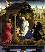 Mittelbild des Middelburger Altar (Bladelin-Altar) von Rogier van der Weyden: Die Geburt Christi mit dem Stifter Pieter Bladelin (um 1445)