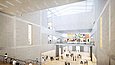Digitale Visualisierung einer hohen lichtdurchfluteten Eingangshalle, in der ein großformatiges abstraktes Kunstwerk hängt.