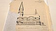 Zeichnung einer Kirche auf Transparentpapier mit großen Fehlstellen