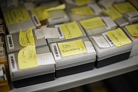 Archivalien aus der Riefenstahl-Sammlung Archivboxen mit fotografischen Materialien aus der Riefenstahl-Sammlung im Depot.