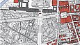 Überlagerung der Planung zur Nord-Süd-Achse des „Generalbauinspektors für die Reichshauptstadt“ Albert Speer (schwarz, Planungsstand 1939) mit Stadtplan Berlin (rot, Stand 2007) 
