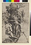 Kupferstich von Albrecht Dürer mit nacktem Mann in Rückenansicht im Vordergrund