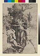 Kupferstich von Albrecht Dürer mit nacktem Mann in Rückenansicht im Vordergrund