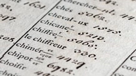 Detail aus einem Chiffre-Chiffrant für die preußische Gesandtschaft in Paris aus dem Jahr 1800 Liste mit französischen Wörtern und entsprechenden Zahlen