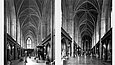 Zwei schwarz-weiß-Fotos zeigen symmetrisch nebeneinander jeweils den Blick von einem Ende eines neogotischen Kirchenschiffs, in dem Marmorskulpturen aufgestellt sind