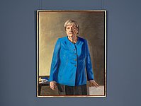 Porträt der Bundeskanzlerin a.D. Angela Merkel, 2026 Gemaltes Porträt der ehemaligen Bundeskanzlerin Angela Merkel in blauem Blazer.