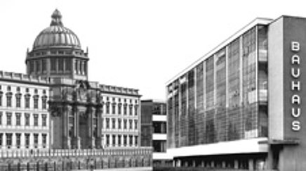 Collage aus Bildern des Humboldt Forums und des Bauhauses