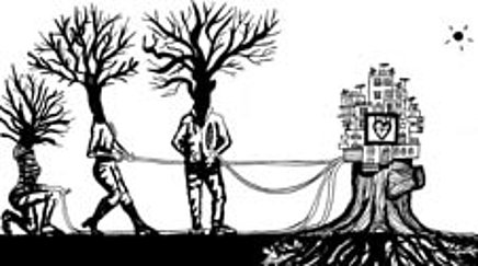 Zeichnung: Personen mit Baumkopf ziehen an einem Baumstumpf mit Wurzeln