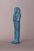 Blaugrüne mumienförmige Uschebti-Figurine aus Fayence.