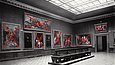 Historische Fotografie eines Ausstellungsraumes, auf der alle Gemälde mit Ausnahme von zweien mit roten Kreuzen durchgestrichen sind.