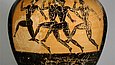 Ancient vase, black and ocher, with two small handles and illustrations of several runners