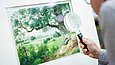 Jemand begutachtet ein Park-Aquarell mit einer Lupe