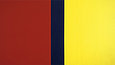Modernes Kunstwerk mit zwei großen Farbflächen in gelb und rot, die von einem kleineren blauen Bereich getrennt werden