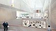 Computergenerierte Visualierung eines großen, offenen Innenraums über drei Etagen mit Besuchern und lichtdurchlässiger Fassade