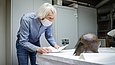 : Ein Mann mit einem Blatt Papier studiert ein vor ihm liegendes Metallobjekt in Form eines Kriegerhelms