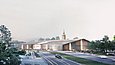 Computergenerierte Visualisierung einer Museumshalle in archteypischer Hausform im urbanen Stadtraum