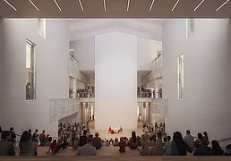 berlin modern, Blick ins Atrium vom Haupteingang aus, beispielhafte Performance vor optionaler Wand: „The Artist is Present“ von Marina Abramović (2010)
