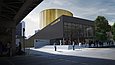 Computergenerierte Visualisierung eines modernen Ausstellungshauses mit goldener Rotunde