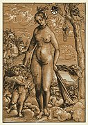 Farbholzschnitt mit der stehenden Venus und dem kleinen Cupido in einer Landschaft.
