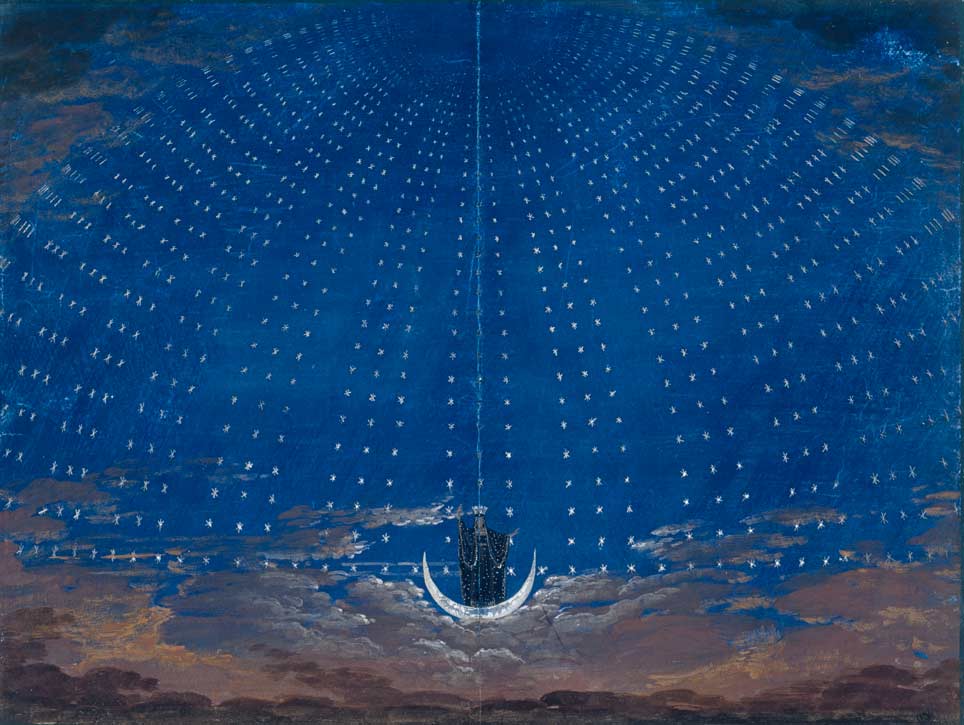 Schinkels Entwurf für das Bühnebild zu Mozarts Oper „Die Zauberflöte“, 1861 © Kupferstichkabinett der Staatlichen Museen zu Berlin – Preußischer Kulturbesitz / Jörg P. Anders Schinkels Entwurf für das Bühnebild zu Mozarts Oper „Die Zauberflöte“, 1861