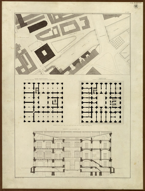 Bauakademie in Berlin von Karl Friedrich Schinkel, Lageplan, zwei Grundrisse und Querschnitt (1831)  © bpk / Kupferstichkabinett, SMB