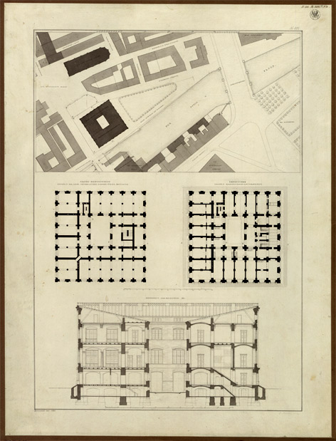 Lageplan, Grundrisse, Querschnitt der Bauakademie © bpk / Kupferstichkabinett, SMB Bauakademie in Berlin von Karl Friedrich Schinkel, Lageplan, zwei Grundrisse und Querschnitt (1831) © bpk / Kupferstichkabinett, SMB