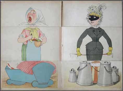 Lothar Meggendorfer lässt NutzerInnen in seinem Werk „Die lustige Tante: ein komisches Verwandlungsbilderbuch“ (1891) Figuren aus umklappbaren Seitenfeldern neu kombinieren.