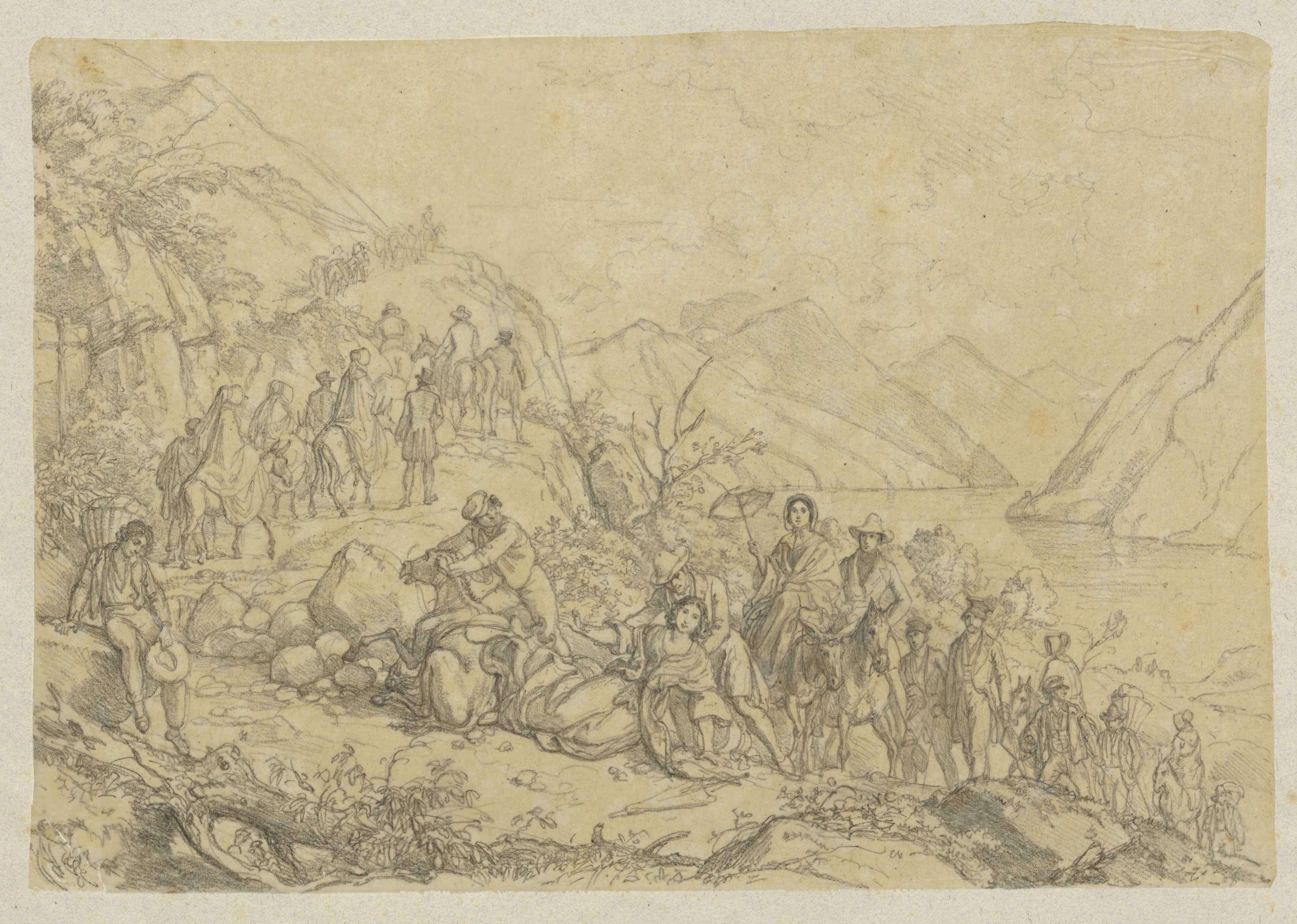 Reisegesellschaft in Italien (Skizze nach dem in der Sammlung Schloss Reinhardtshausen befindlichen Gemälde "Marianne auf Bergtour"). Undatiert (wohl um 1850) Signatur: BPH, Rep. 60 I, Nr. 136/3 © Geheimes Staatsar Graphitzeichnung einer altertümlichen Reisegesellschaft