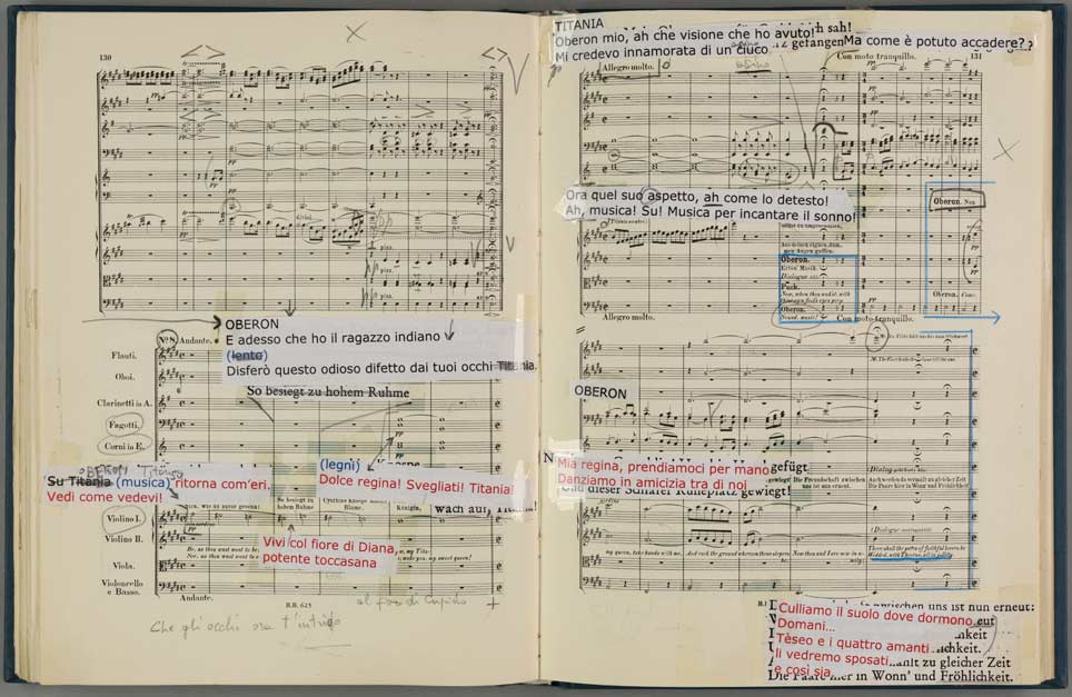 Partitur der Bühnenmusik zu ‚Ein Sommernachtstraum‘ von Felix Mendelssohn-Bartholdy Partitur mit vielen handschriftlichen Notizen und eingeklebten Zettelchen