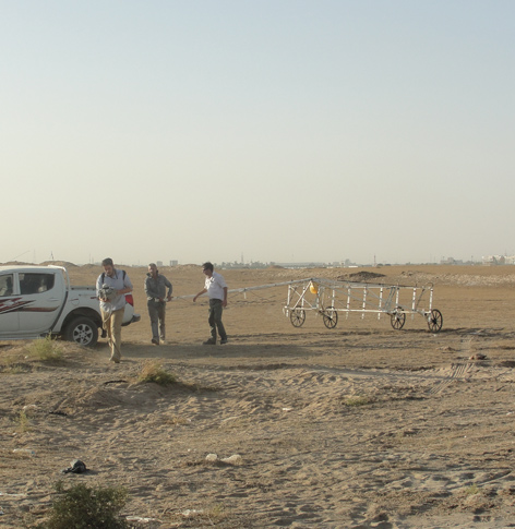 Ein Geomagnetikgerät an einem Auto in einer Wüste, davor mehrere Menschen