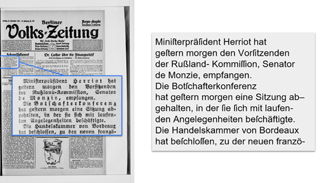 Text recognition Left scan of a historical newspaper, right field with text