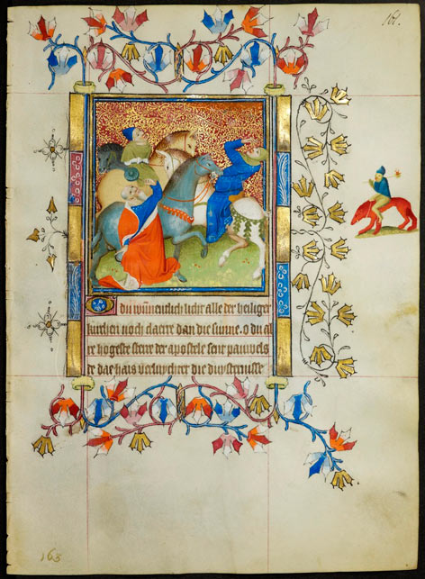 Die Umwandlung von Saint Paul (Miniatur) – Vorderseite des Blattes 161 mit farbigem Zierrahmen, Blatt-Ornament und Drolerie Seite einer bunt illuminierter Handschrift