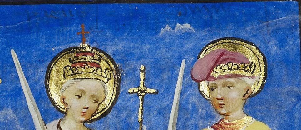 Erkennbare Schrift unter der blauen Malschicht: „paus “ (links) und „coninc ” (rechts). Detail aus einer Miniatur mit dünner Schrift über zwei abgebildeten Köpfen