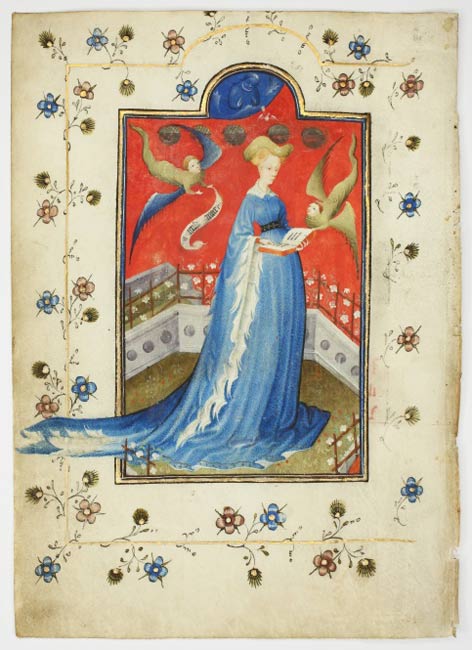 Darstellung Maria von Geldern aus der illuminierten Handschrift S. 19 Seite der illuminierten Handschrift mit der Abbildung einer Frau