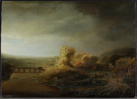 Painting of a landscape with a bridge