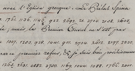 Detail eines verschlüsselten Schreibens von Girolamo Lucchesini aus Paris vom 30. Januar 1801 Handschriftliche Zeilen mit Zahlenreihen