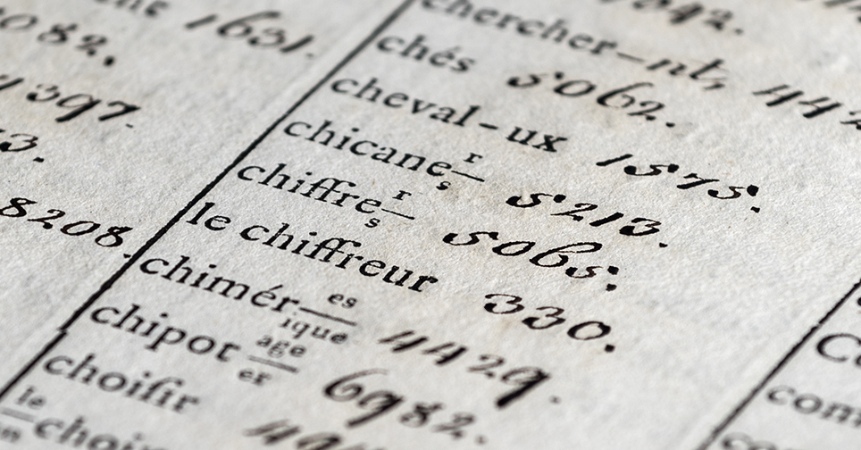Detail aus einem Chiffre-Chiffrant für die preußische Gesandtschaft in Paris aus dem Jahr 1800 Liste mit französischen Wörtern und entsprechenden Zahlen