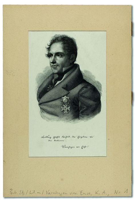Karl August Varnhagen von Ense Stahlstich-Porträt eines Mannes in einem historischen Dokument.