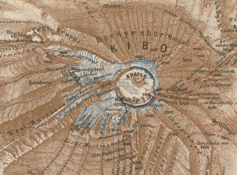 Section of the Kibo summit with the glaciers named by Hans Meyer from the special map of Kilimandjaro 1:100,000 by Hans Meyer in the processing by Paul Krauss from 1900 Detail from the map with the Kibo summit