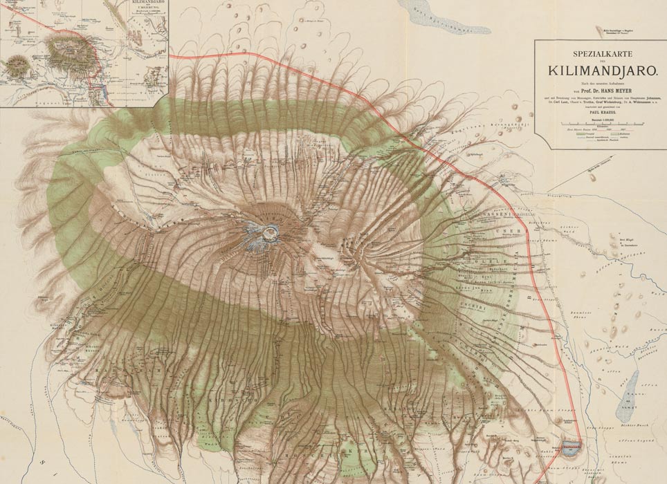 Excerpt from the special map of Kilimanjaro 1:100,000 by Hans Meyer Map with the summit of Kilimanjaro